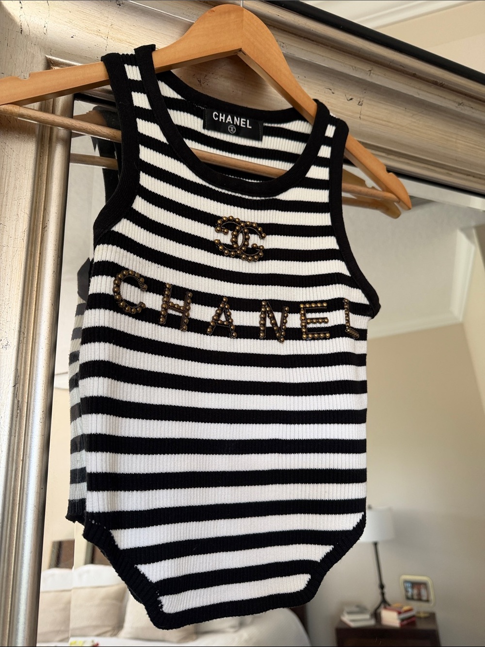 Black and White Striped Cropped Tank with Embellished Logo